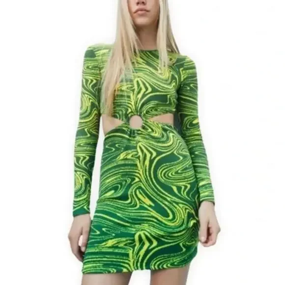 Zara Green Cut Out Jacquard Mini Dress SZ L - Picture 1 of 10